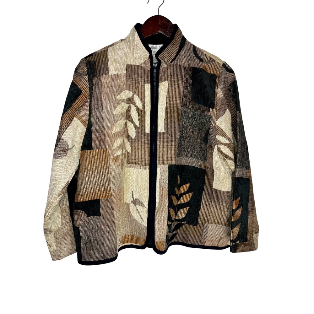 Coldwater Creek Jacket Women Medium Multicolor Tapestry‎ Leaf Print Zip Front